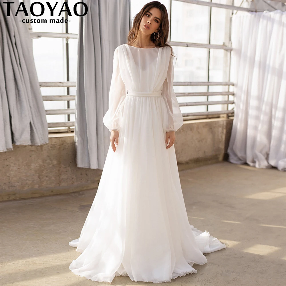 Top Trends: Boho A Line Wedding Dresses Simple Chiffon Puff Sleeves O Neck Bridal Gowns Backless Sweep Train Bridal Gowns Vestidos De Novia Shoppable Styles