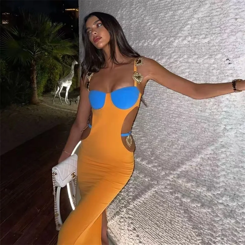 Top Trends: Mermaid Long Bandage Women Prom Dress Sexy Hollow Strap Sleeveless Formal Red Carpet Party Evening Gown Splicing Colors In Stock Shoppable Styles