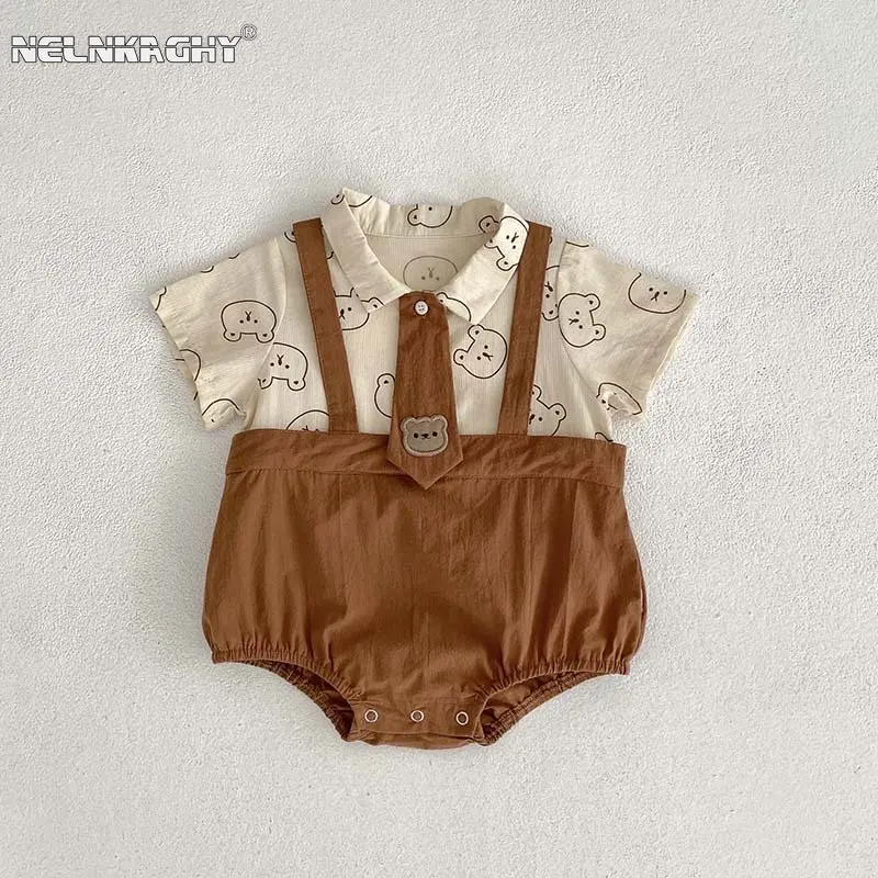 Top Trends: New In For Summer 2023 - Kids Infant Cute Bear Print Bodysuits Color-blocked Mock Two-piece Design Bow Tie Gentleman Baby 유아복 Shoppable Styles