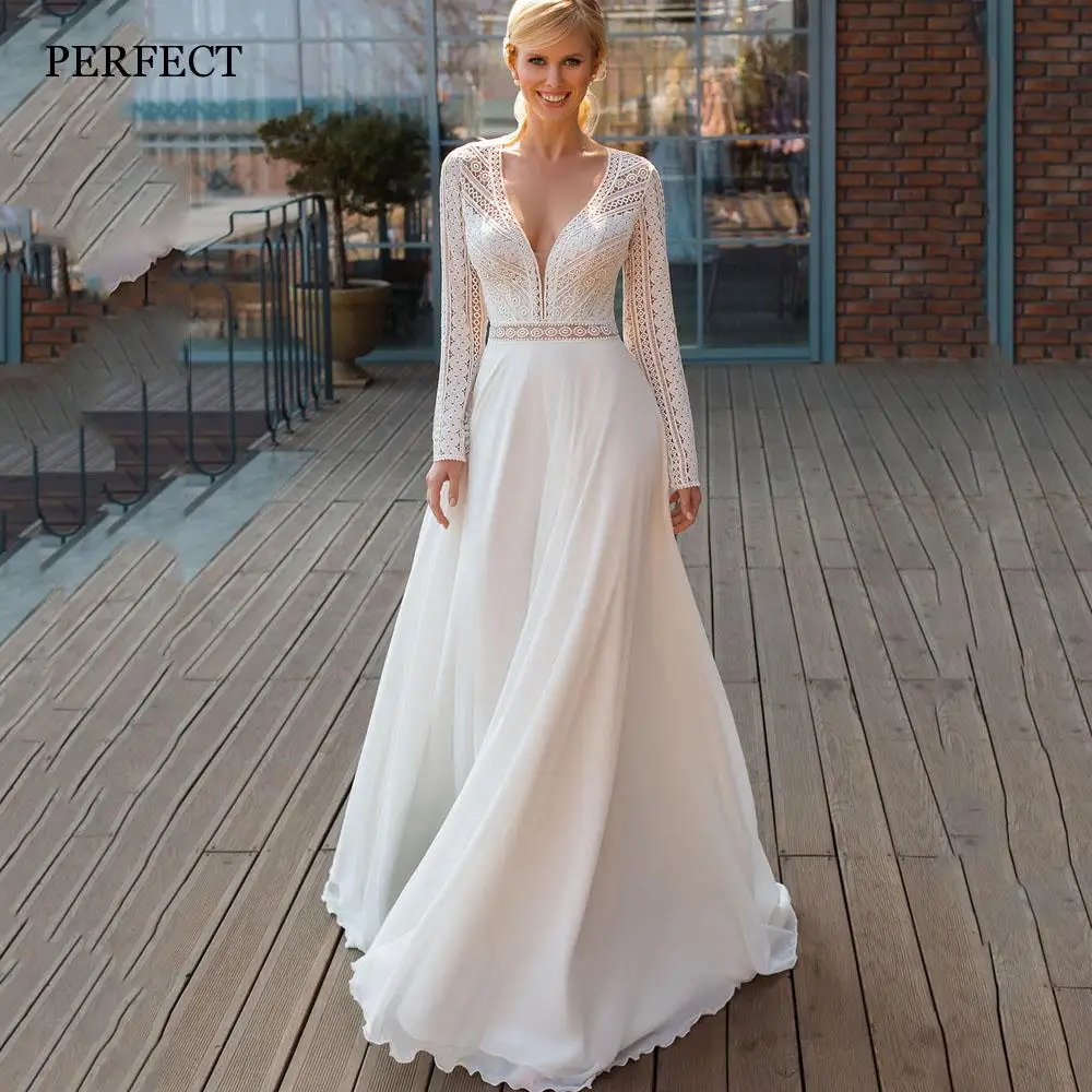 Top Trends: PERFECT Bohemian V-Neck Long Sleeves Wedding Dresses Lace Appliqued Chiffon Bridal Gowns For Women Robe De Mariée Custom Made Shoppable Styles