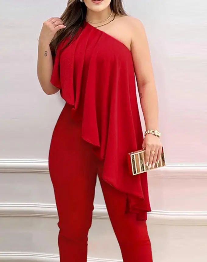 Top Trends: Woman Summer Jumpsuits Sexy One Shoulder Asymmetrical Ruffles Plain Sleeveless Long Jumpsuit Women Clothing 2022 Summer Fashion Shoppable Styles - Image 3