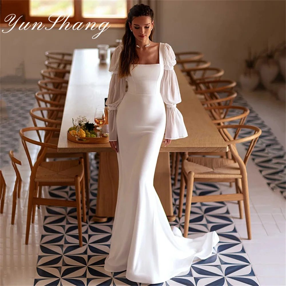 Top Trends: Yunshang Elegant Mermaid Wedding Dress 2024 Long Sleeve Square Collar Open Back Pleat Bridal Gowns Sweep Train Vestidos De Novia Shoppable Styles