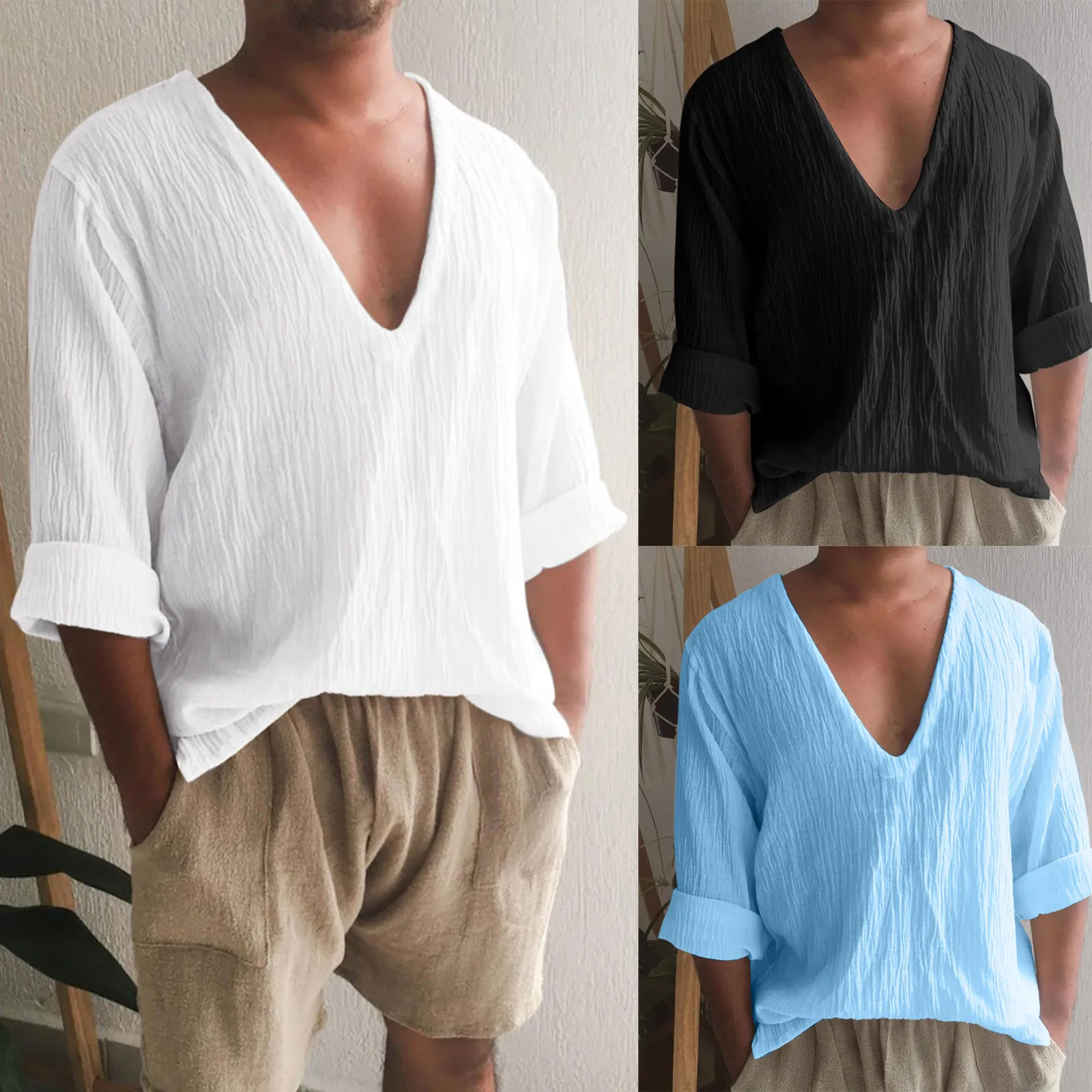 Top Trends: Vintage Imitation Linen Shirt Men Breathable Casual Long Sleeve Oversize Tops Summer V Neck Boho Style Mens Shirts 의류 Кофта Shoppable Styles