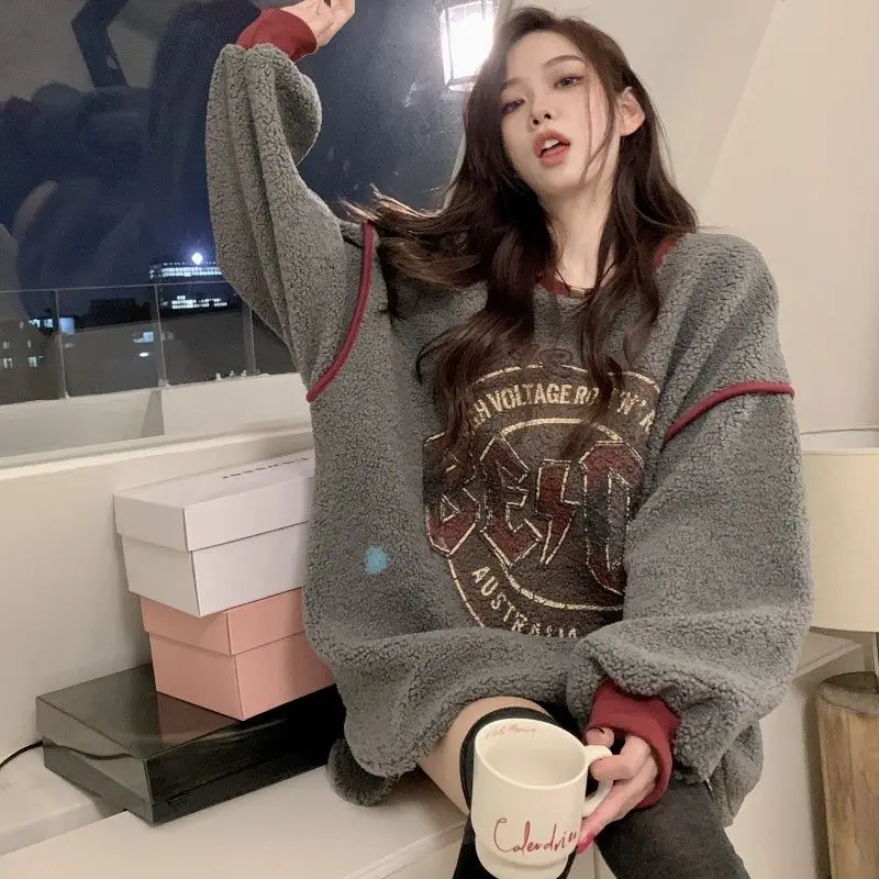 Top Trends: Winter Korean Simplicity Personality Printed Women Hoodie Fashion Y2k Loose Casual Street Warm Round Neck Women Oversized Hoodie Shoppable Styles