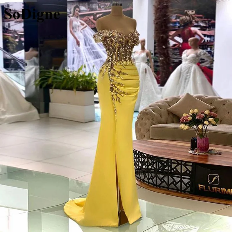 Top Trends: SoDigne Yellow Mermaid Evening Dresses Long Prom Dress Sexy Side Split Beading Formal Short Sleeves Vestidos De Gala Shoppable Styles