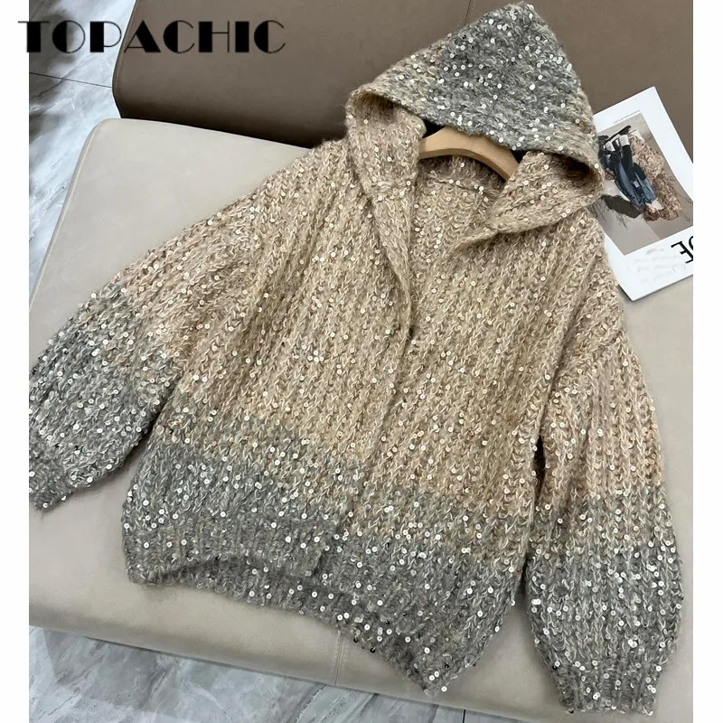 Top Trends: 7.5 High Quality Heavy Industry Sequins Gradient Mohair Hooded Long Sleeve Loose Knitted Cardigan Coat Women Shoppable Styles