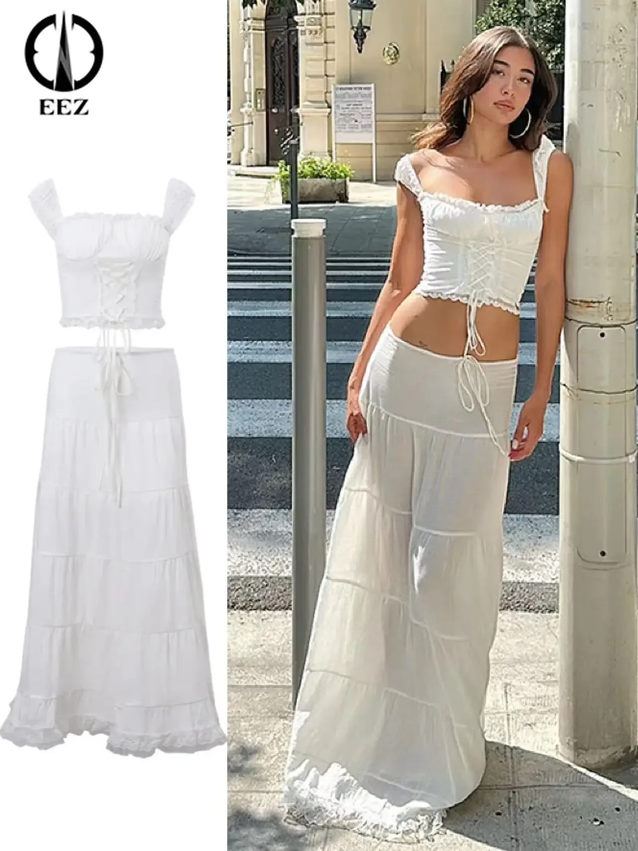 Top Trends: French White Kwaii Lace Patchwork Bandage Tank Top And Elegant Low-waist Draw-string Long Skirt Women Coquette Streetwear Y2K Shoppable Styles