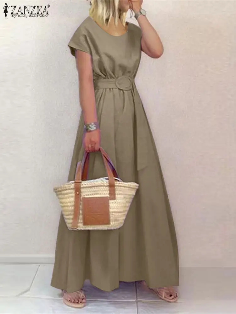 Top Trends: ZANZEA Vintage Causal Elegant Long Robe Women Belted Dress Summer Short Sleeve O-Neck Solid Dresses Holiday Loose Maxi Vestidos Shoppable Styles