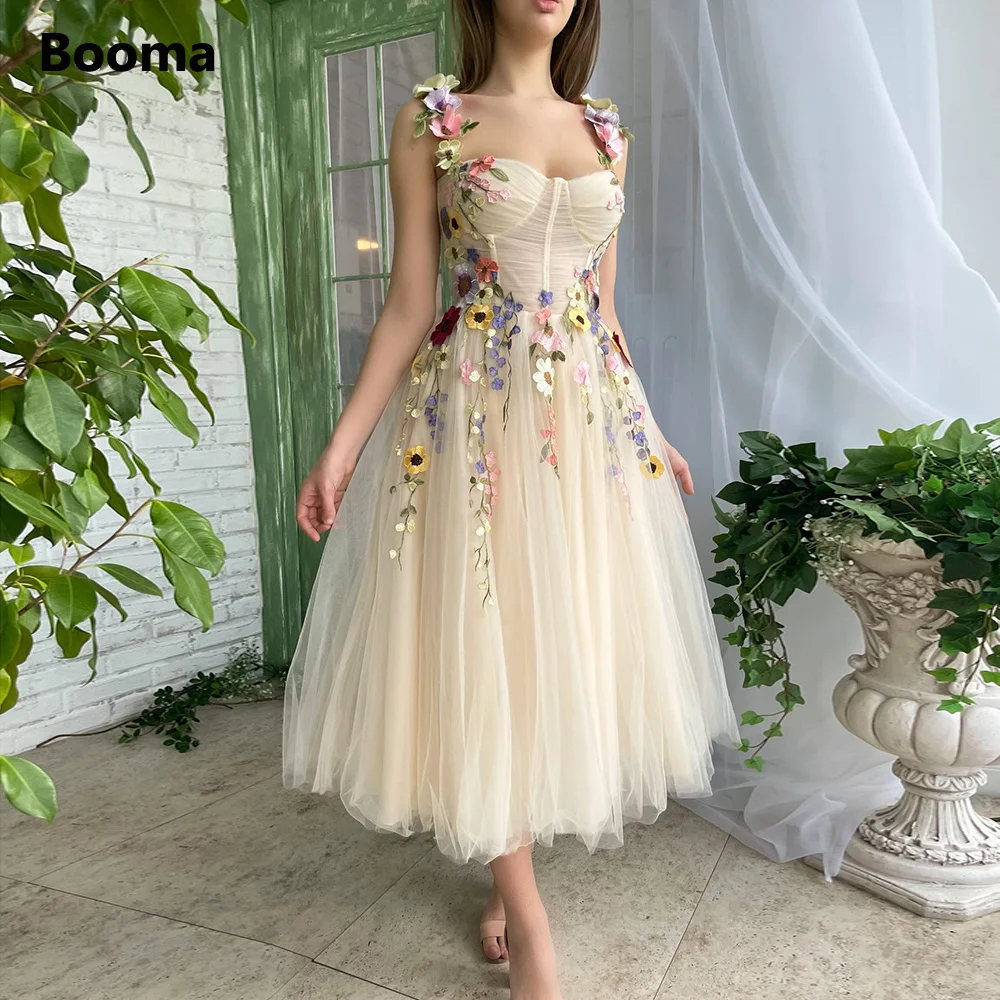 Top Trends: Booma Beige Floral Tulle Midi Prom Dresses Sweetheart Appliques A-Line Wedding Party Dresses Elegant Evening Gowns For Women Shoppable Styles