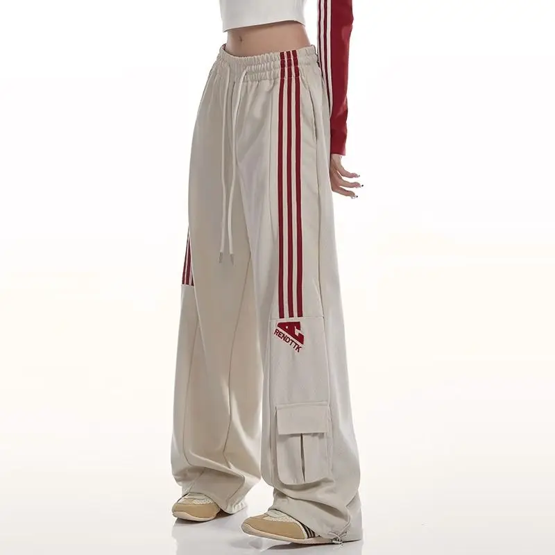 Top Trends: American High Street Hiphop Versatile Workwear Pants Women Print Letter Stripe Pockets Drawstring Loose Sports Straight Trousers Shoppable Styles