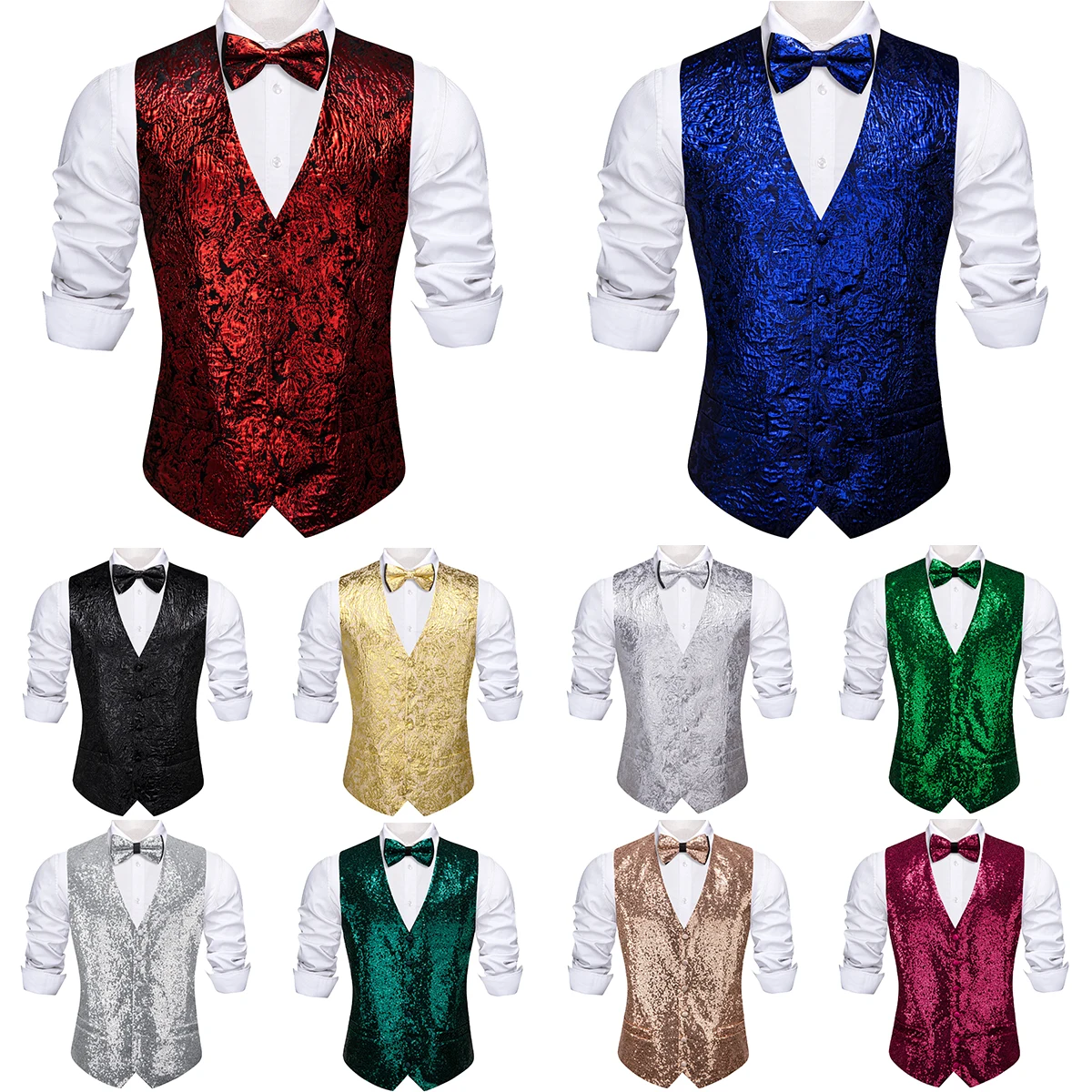 Top Trends: Luxury Vest For Men Silk Shine Red Blue Silver Gold Green Khaki Solid Plain Waistcoat Bowtie Set Party Formal Barry Wang Shoppable Styles