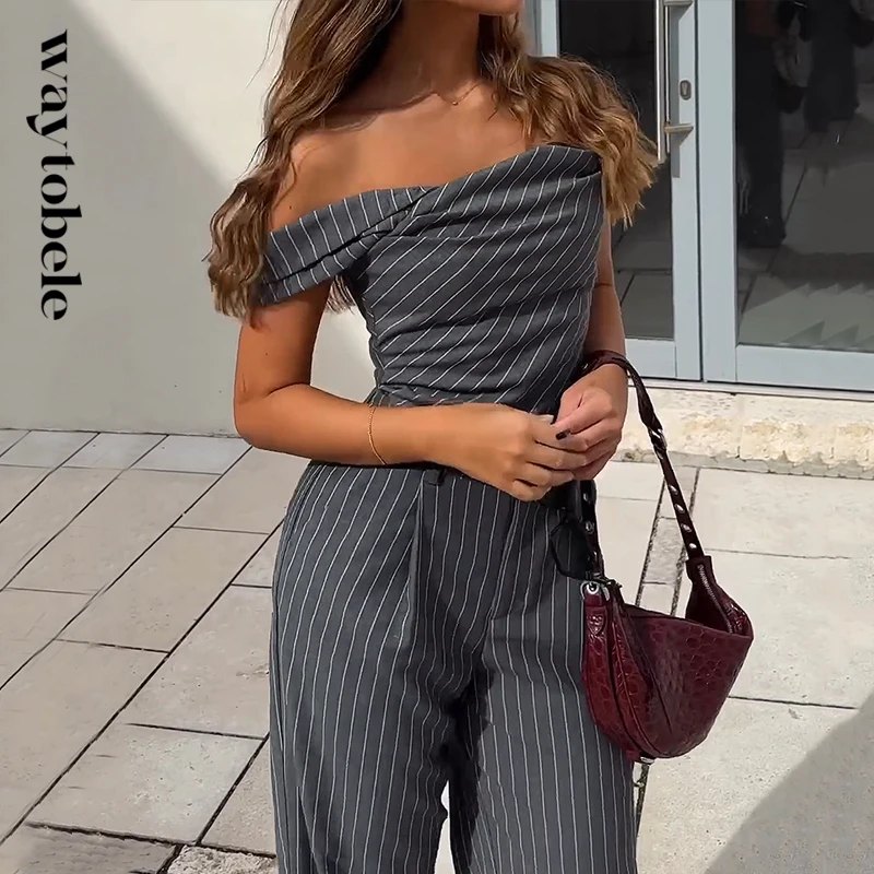 Top Trends: Waytobele Women Two Piece Set Summer Office Off Shoulder Strap Single Sleeve Top Fahion Striped Loose Pants Suit High Streetwear Shoppable Styles