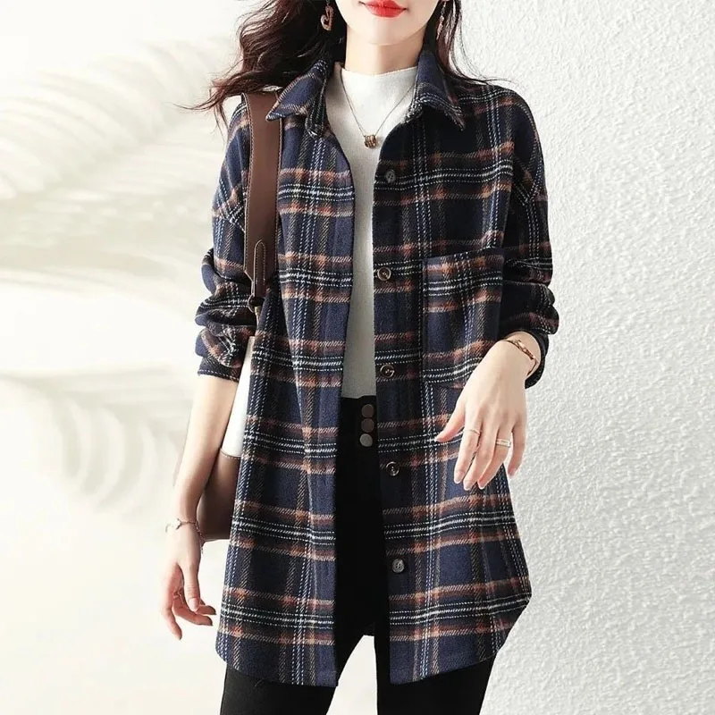 Top Trends: Casual Fashion Women Plaid Printed Long Sleeve Blouse Spring Autumn Korean Vintage Turn-down Collar Pockets Spliced Button Shirt Shoppable Styles