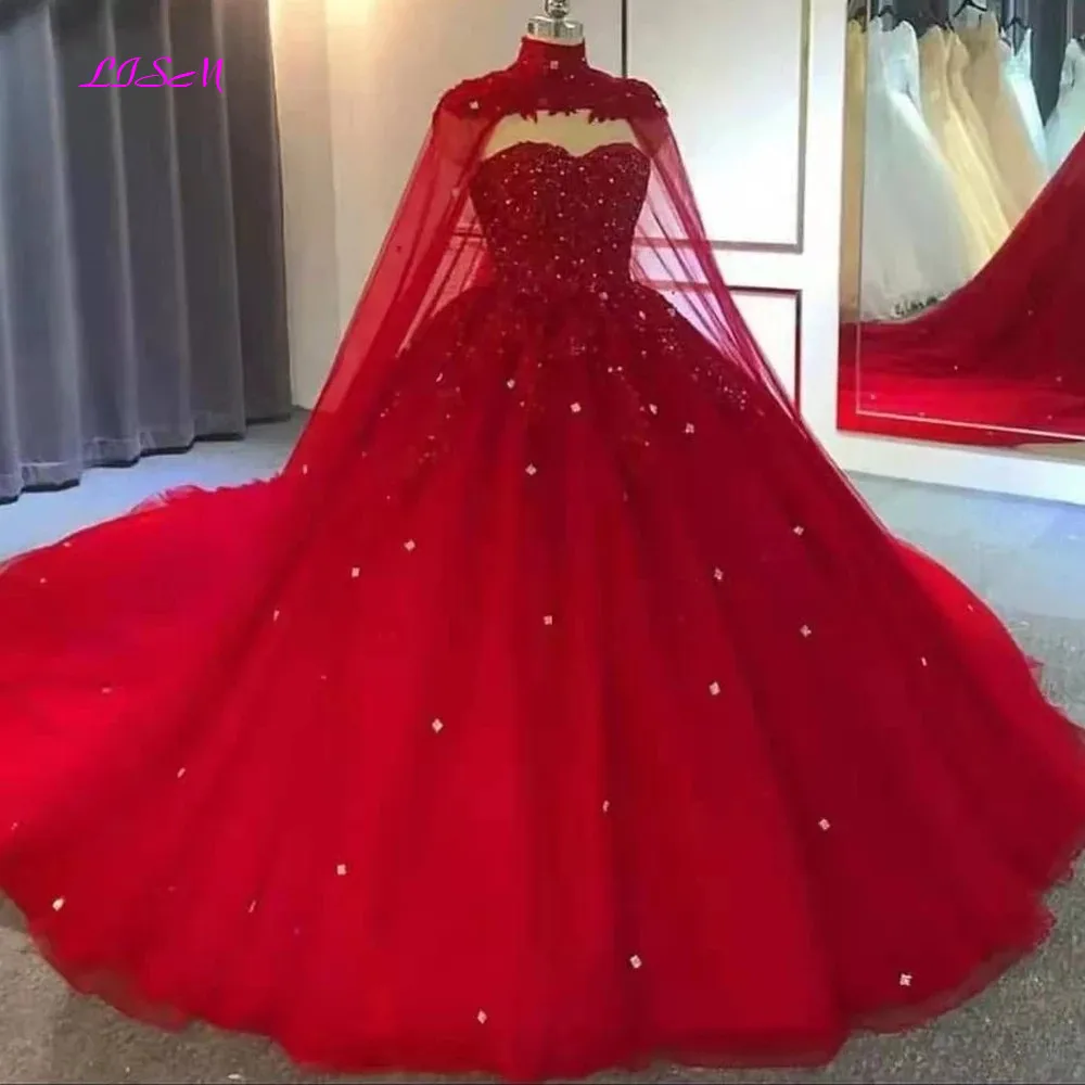 Top Trends: Luxury Red Lace Tulle Evening Dress With Cape Sweetheart Beads Ball Gown Plus Size Prom Dress Elegant Women's Dresses For Party Shoppable Styles