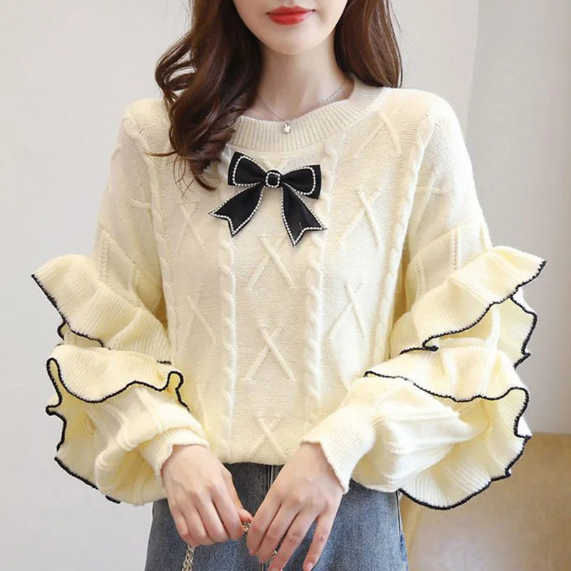 Top Trends: Fashion O-Neck Spliced Beading Bow Ruffles Sweaters Female Clothing 2023 Autumn New Casual Pullovers Loose Knitted Warm Tops Shoppable Styles