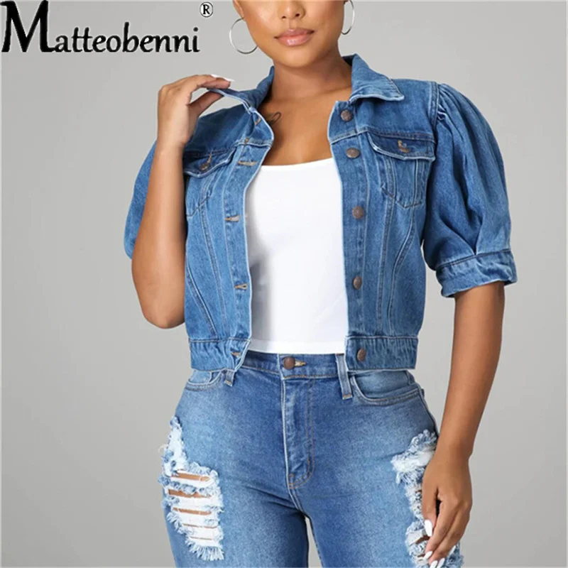 Top Trends: Women Sexy Ripped Denim Crop Jackets Tops 2022 Ladies New Vintage Casual Short Jean Jacket Puff Sleeve Female Coat Streetwear Shoppable Styles