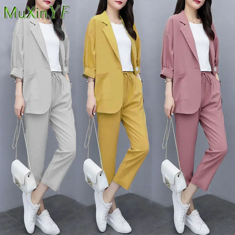 Top Trends: Women&#039;s Summer Loose Thin Blazer Coat Pants Two Piece 2022 Fall New Casual Suit Trousers Set Korean Elegant Tracksuit Pantsuit Shoppable Styles