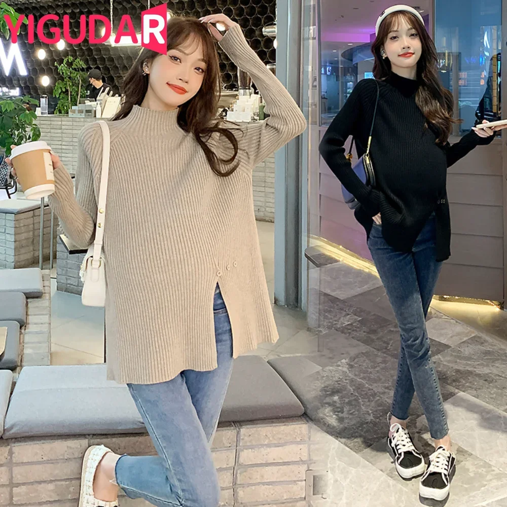 Top Trends: Autumn Winter Maternity Sweaters Loose A Line Splits Shirt Clothes For Pregnant Women Postpartum Pregnancy Photoshoot Tops Shoppable Styles