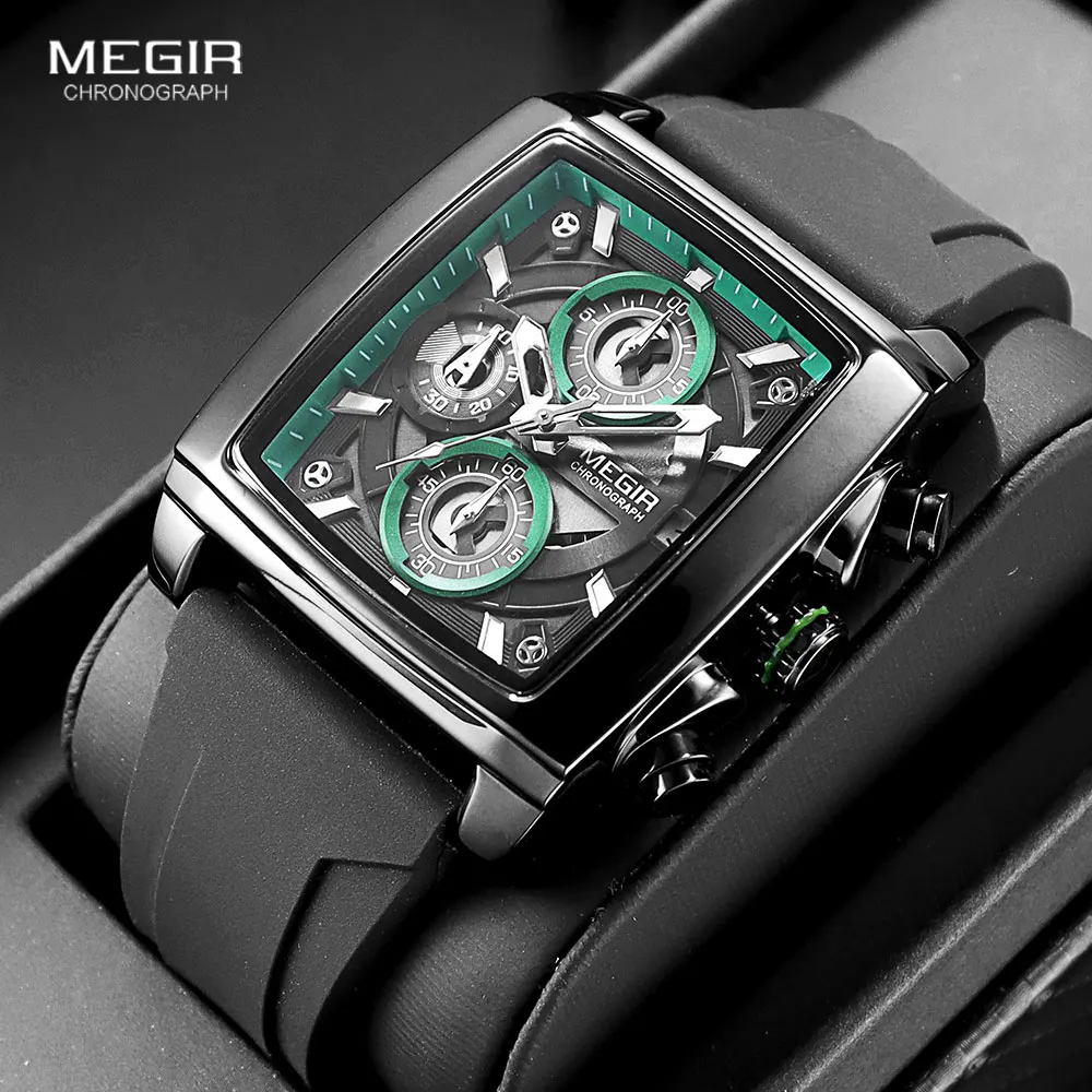 Top Trends: MEGIR Black Silicone Strap Quartz Watch For Men Rectangle Dial Waterproof Chronograph Sport Wristwatch With Luminous Hands Date Shoppable Styles