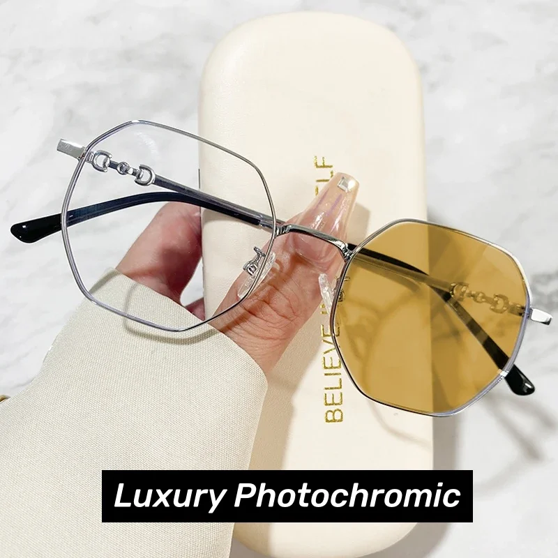 Top Trends: Women Metal Frame Photochromic Myopia Glasses Anti-blue Light Color Changing Sunglasses Unisex Short-sighted Diopter Eyeglasses Shoppable Styles