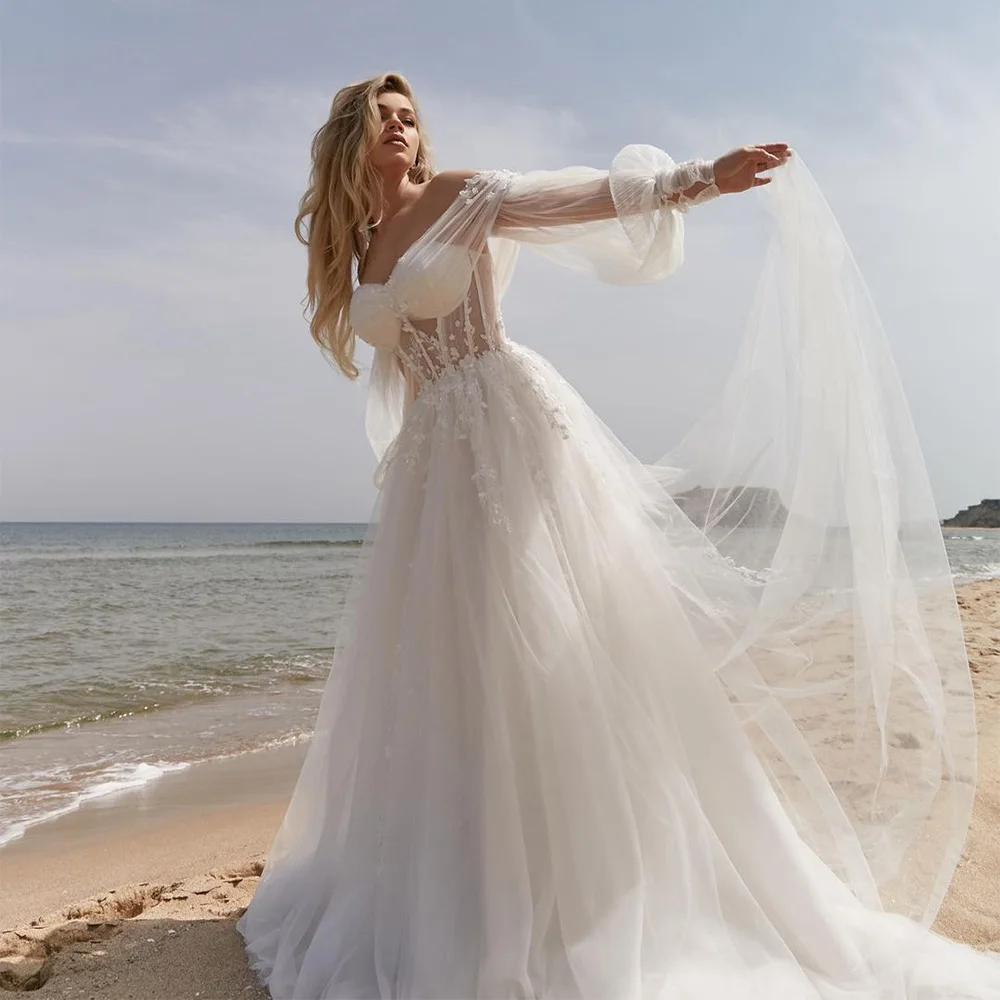 Top Trends: Sevintage Beach Wedding Dresses Lace Appliques Puff Sleeves Sweetheart A-Line Princess Wedding Gown Modest Bridal Gown Gelinlik Shoppable Styles