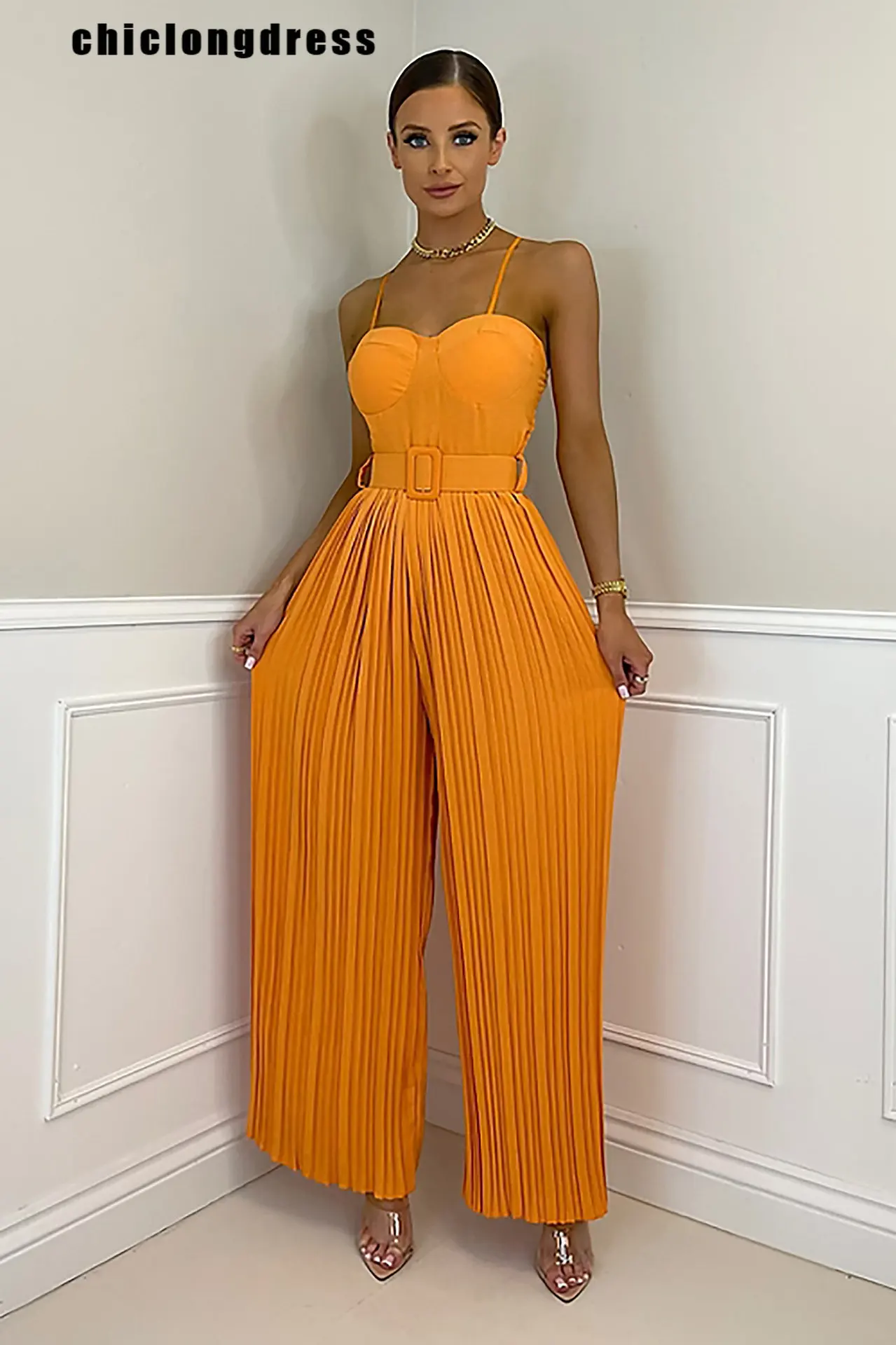 Top Trends: Summer Casual Suspenders Long Jumpsuit Women Fashion Solid Sleeveless Sashes Pleated Wide Leg Jumpsuit Women Shoppable Styles