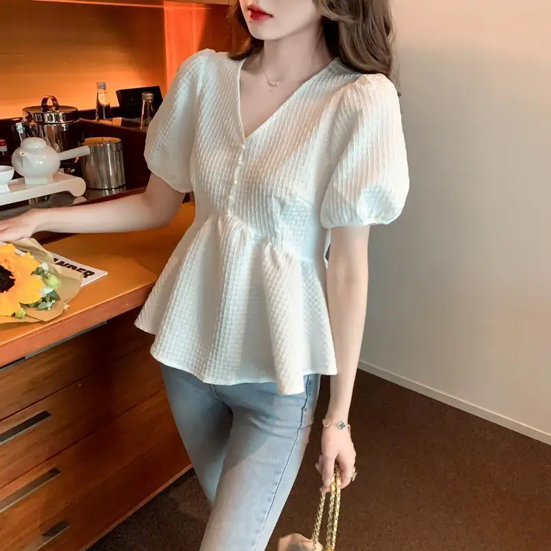 Top Trends: Clothing Ruffle Women's Shirts And Blouses Frill Top For Woman Chiffon With Puffy Sleeves V Neck White Tall Elegant Social M Y2k Shoppable Styles