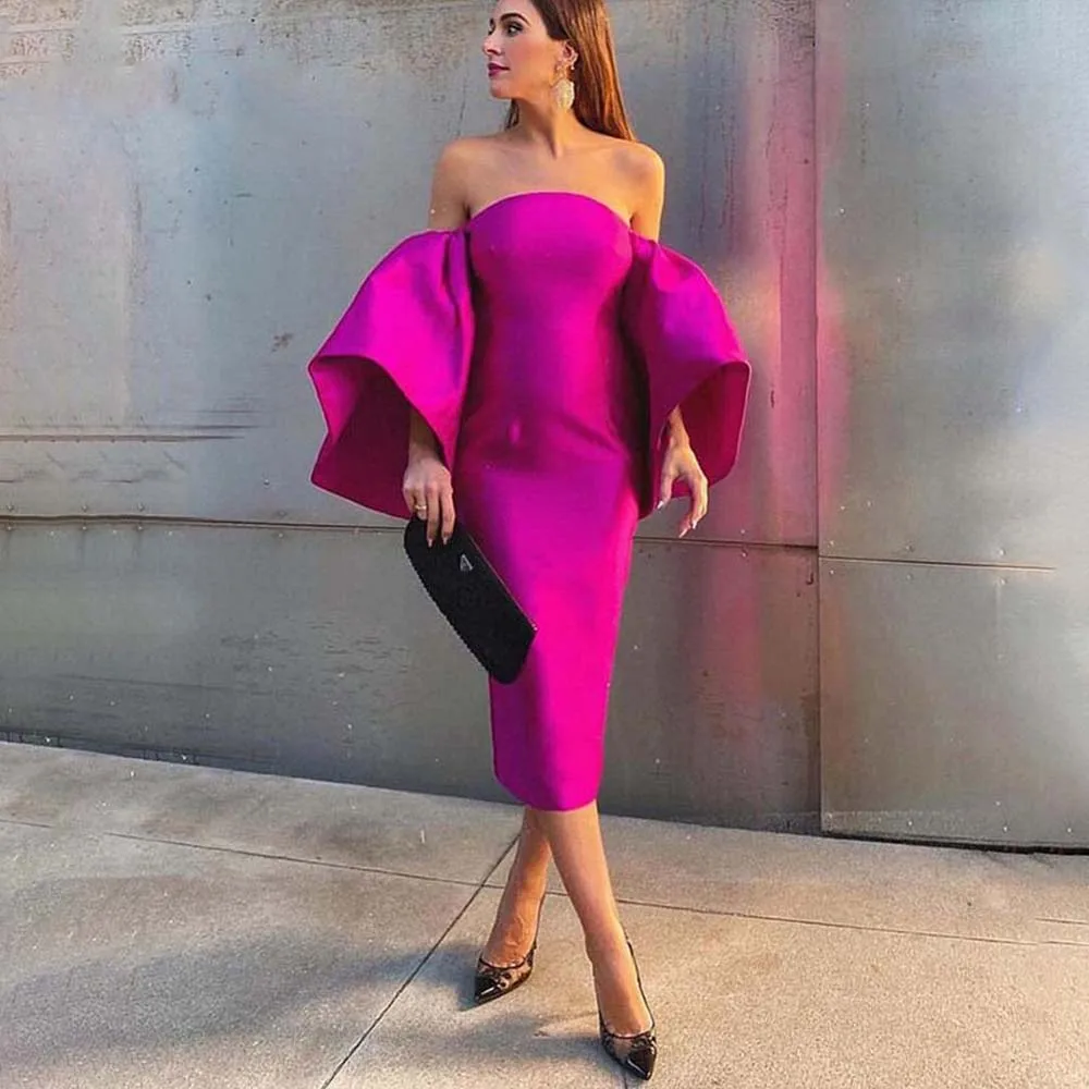 Top Trends: 2024 New Fashion Fuchsia Cocktail Dress Off The Shoulder Puffy Sleeve Mermaid Tea Length Party Dress Prom Gown Robe De Soirée Shoppable Styles