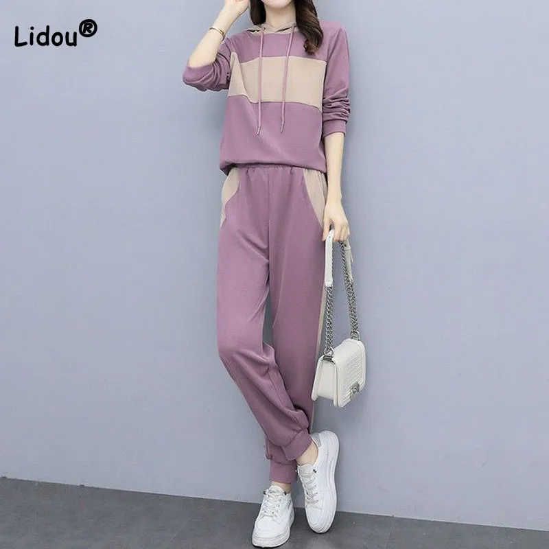 Top Trends: Casual Sporty Women's Spliced Hooded Tops Spring Autumn Fashion Commute Two Piece Sets High Waist Wide Leg Pants Female Clothing Shoppable Styles