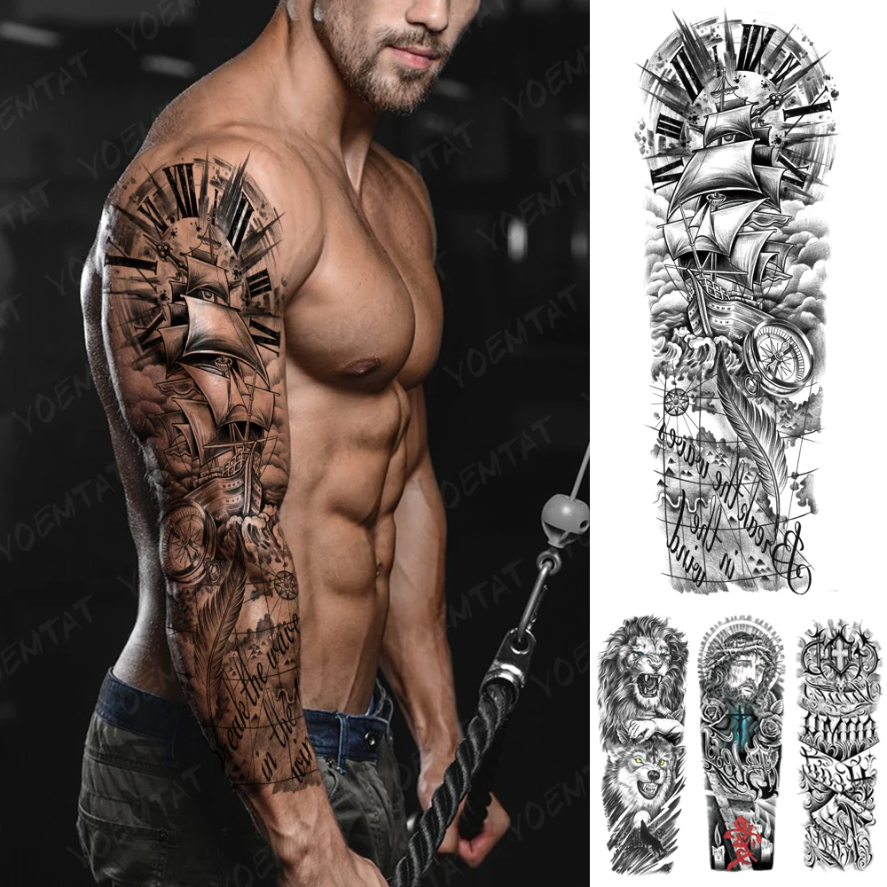 Top Trends: Full Large Arm Sleeve Tattoo Viking Waterproof Temporary Tatto Sticker Ship Compass Plume Letter Body Art Men Women Fake Tatoo Shoppable Styles