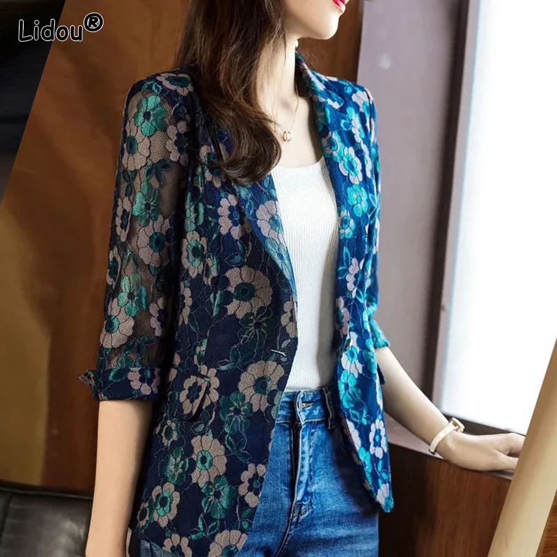 Top Trends: Three Quarter Sleeve Spring Summer Thin Blazer Printing Women's Clothing 2022 Temperament Hollow Out Floral Slim Casual Formal Shoppable Styles