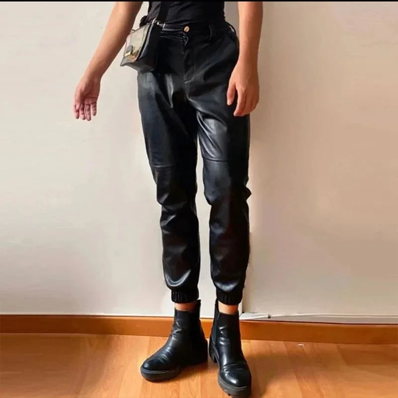 Top Trends: Men Leather Pants Elastic Waist Faux Leather Pants Men Joggers Zipper Pockets Black Streetwear Slim Pencil Pant Men Clothing2023 Shoppable Styles