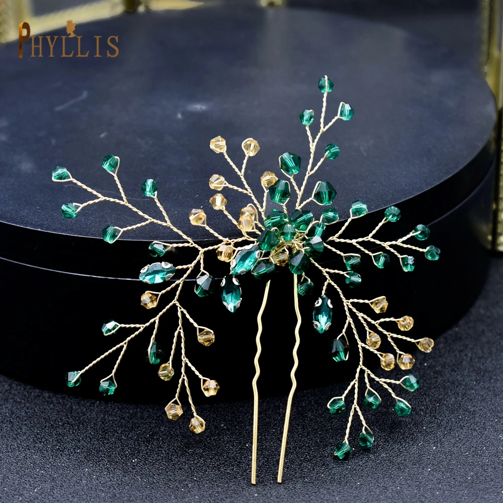 Top Trends: A45 Emerald Green Bride Headdress Vintage Wedding Hair Accessories Handmade Rhinestones Bridal Hair Clips Crystal Head Jewelry Shoppable Styles - Image 2