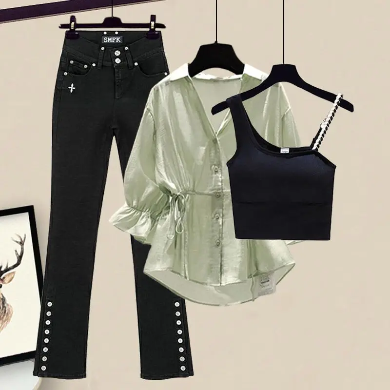 Top Trends: Drawstring Pleated Waist Wrapped Chiffon Shirt Sexy Strap Bra Black Jeans Three Piece Elegant Women's Pants Set Summer Outfits Shoppable Styles - Image 3