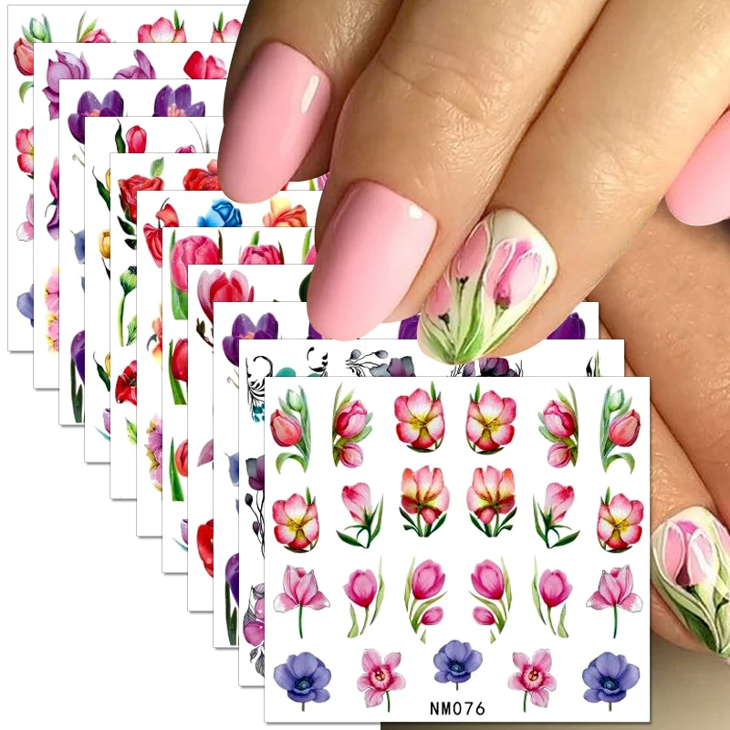 Top Trends: 12pcs Pink Tulip Flowers Nail Stickers Lavender Snowdrops Summer 3D Nail Decals Water Transfer Sliders DIY Manicure Decorations Shoppable Styles