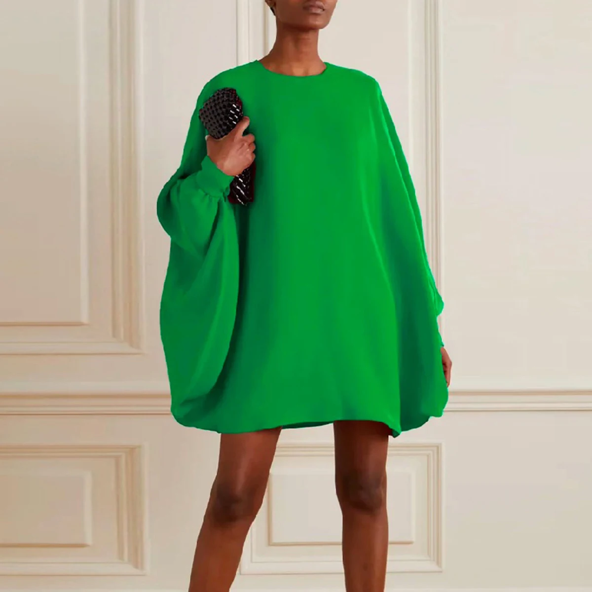 Top Trends: Yeezzi Spring Fashion Female Green Dress Loose Simple Long Batwing Sleeves Solid Color Round-Neck Mini Dresses For Women 2023 Shoppable Styles