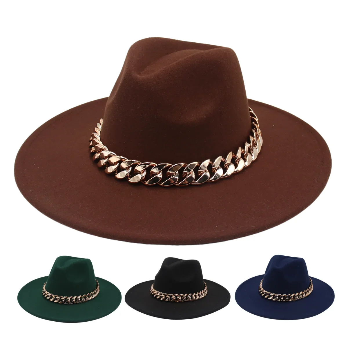 Top Trends: 9.5cm Large Brim Fedora Hat Party Women Felt Hat With Luxury Oversized Chain Elegant British Metal Chain Jazz Hats For Ladies Shoppable Styles