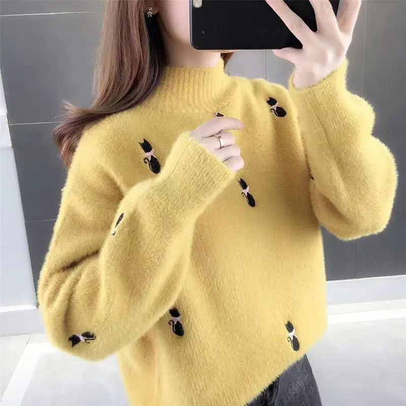 Top Trends: Fashion Stand Collar Knitted Embroidery Sweaters Women's Clothing 2023 Autumn Winter Oversized Casual Pullovers Commuter Tops Shoppable Styles