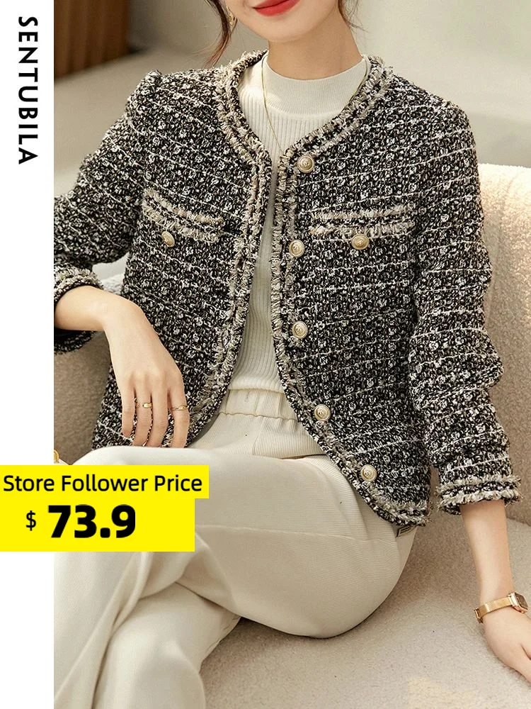 Top Trends: Sentubila Vintage Elegant Texture Tweed Jackets For Women 2023 Autumn Winter Long Sleeve Single Breasted Coats Ladies Outwears Shoppable Styles