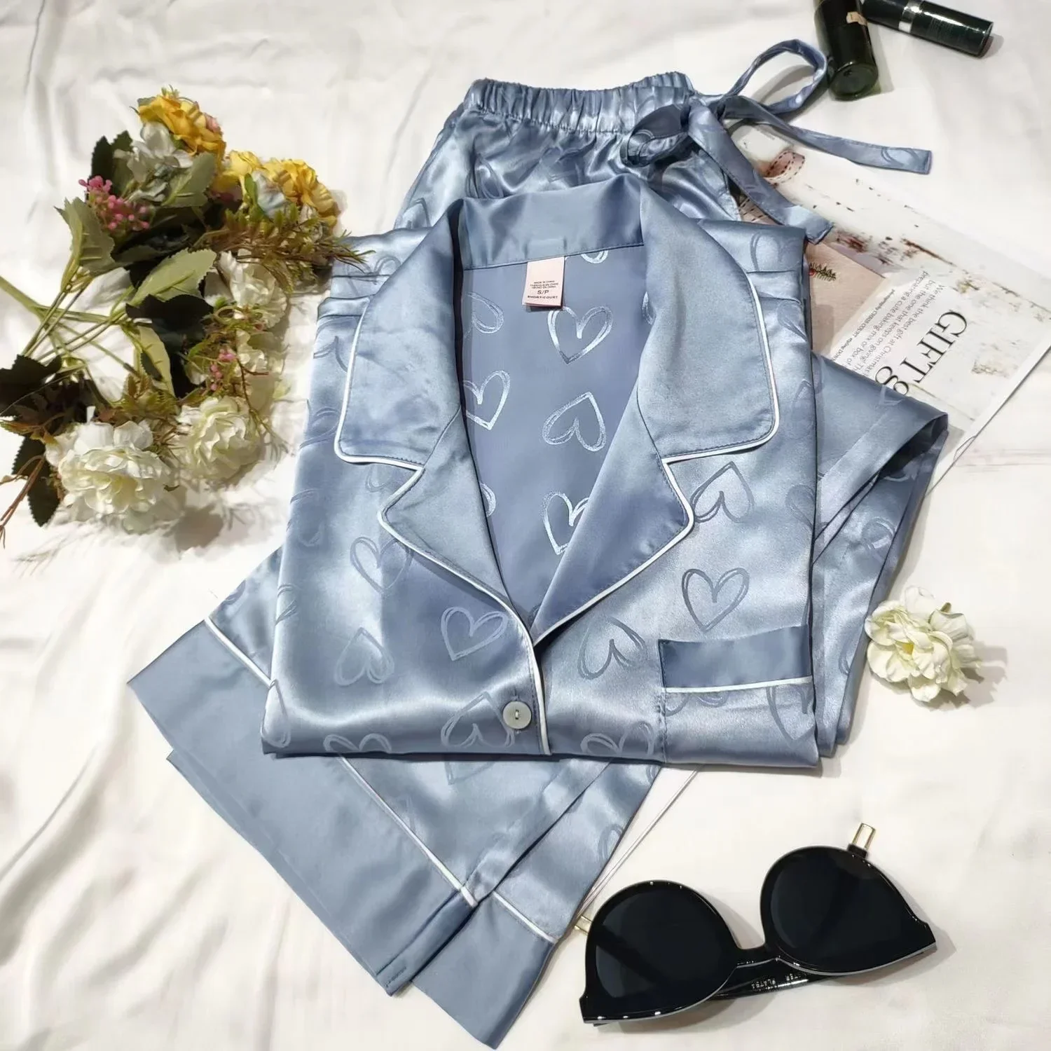 Top Trends: Spring Autumn 2 Piece Print Heart Women Sleepwear Faux Silk Satin Pajamas Set Long Sleeve Sleepwear Pajama Suit Female Homewear Shoppable Styles