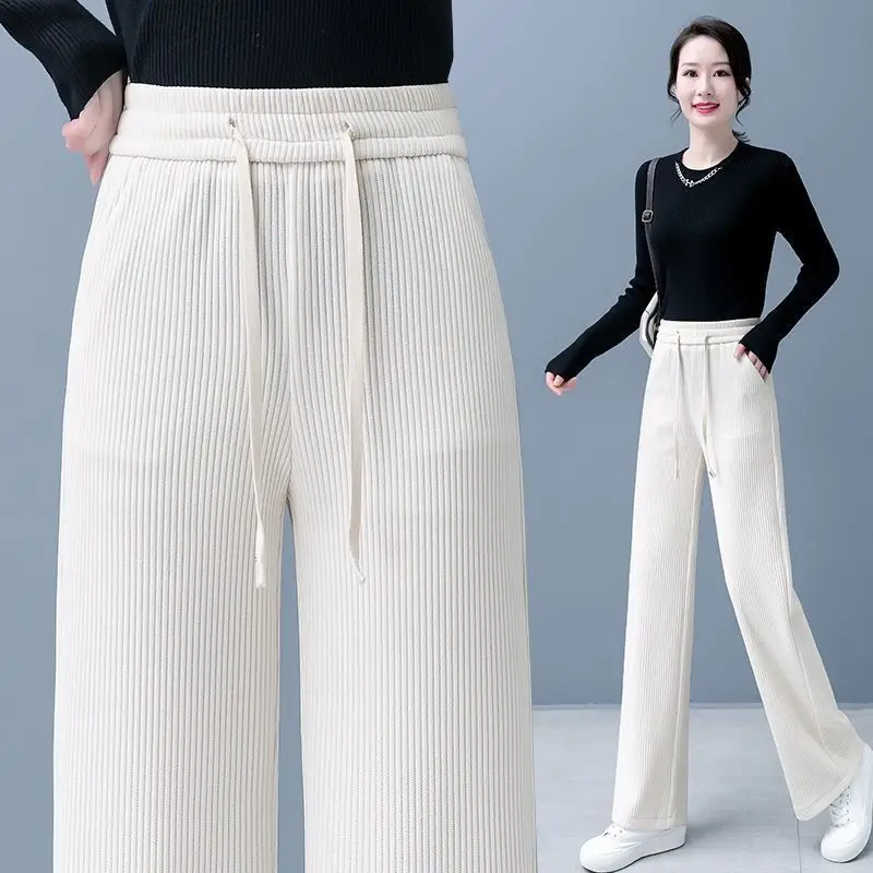 Top Trends: Autumn Winter Fashion New Corduroy Wide Leg Pants Korean Women Elastic High Waist Casual Solid All-match Loose Straight Trousers Shoppable Styles