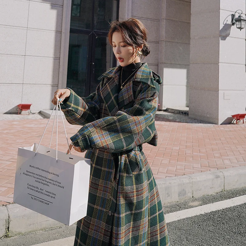 Top Trends: 2022 Autumn And Winter New Temperament Retro Simple Medium And Long Loose Plaid Belt All-match Woolen Coat Women's Trend Shoppable Styles - Image 6