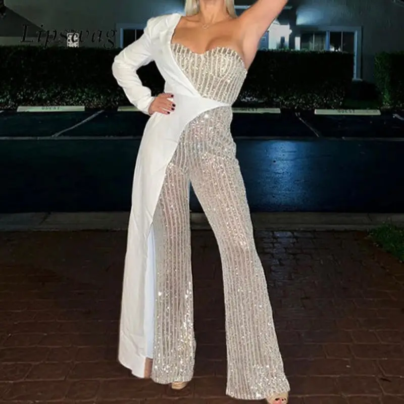 Top Trends: 2024 Autumn Ladies Slim Trousers Playsuit Overall Elegant Sequin Patchwork Jumpsuit Fashion One Shoulder Office Blazer Rompers Shoppable Styles