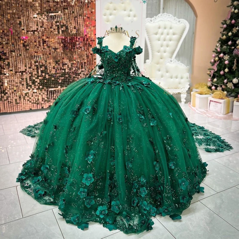 Top Trends: Emerald Green Beading Quinceanera Dresses Mexican Appliques 3D Flowers Ball Gowns With Cape Lace Up A-Line Puffy Vestidos De XV Shoppable Styles