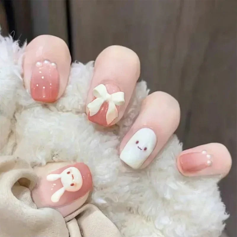 Top Trends: 24pcs Bunny Design False Nails Tips Cute Short Press On Nail Art Full Coverage Reusable Fake Nails With Accessories &amp; Tools Shoppable Styles