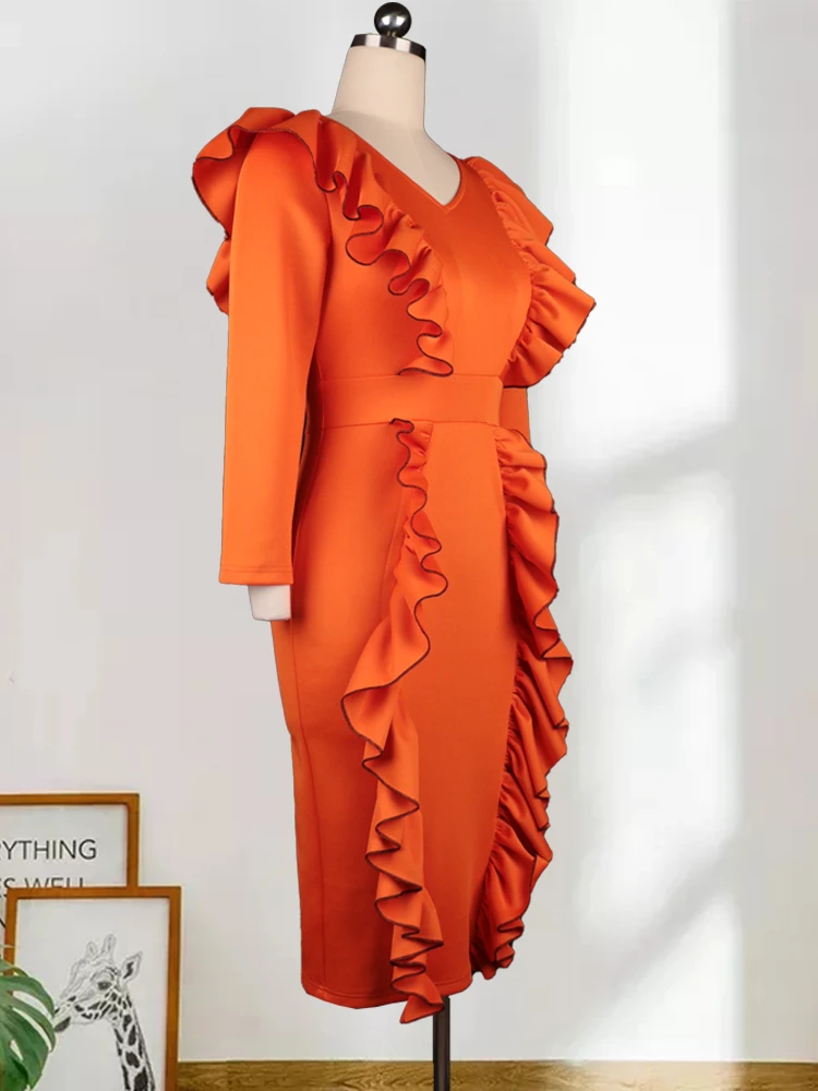 Top Trends: ONTINVA Plus Size Dresses Women Orange V Neck Long Sleeve Ruffles High Waist Bodycon Elegant Ladies Evening Event Party Gowns Shoppable Styles - Image 4