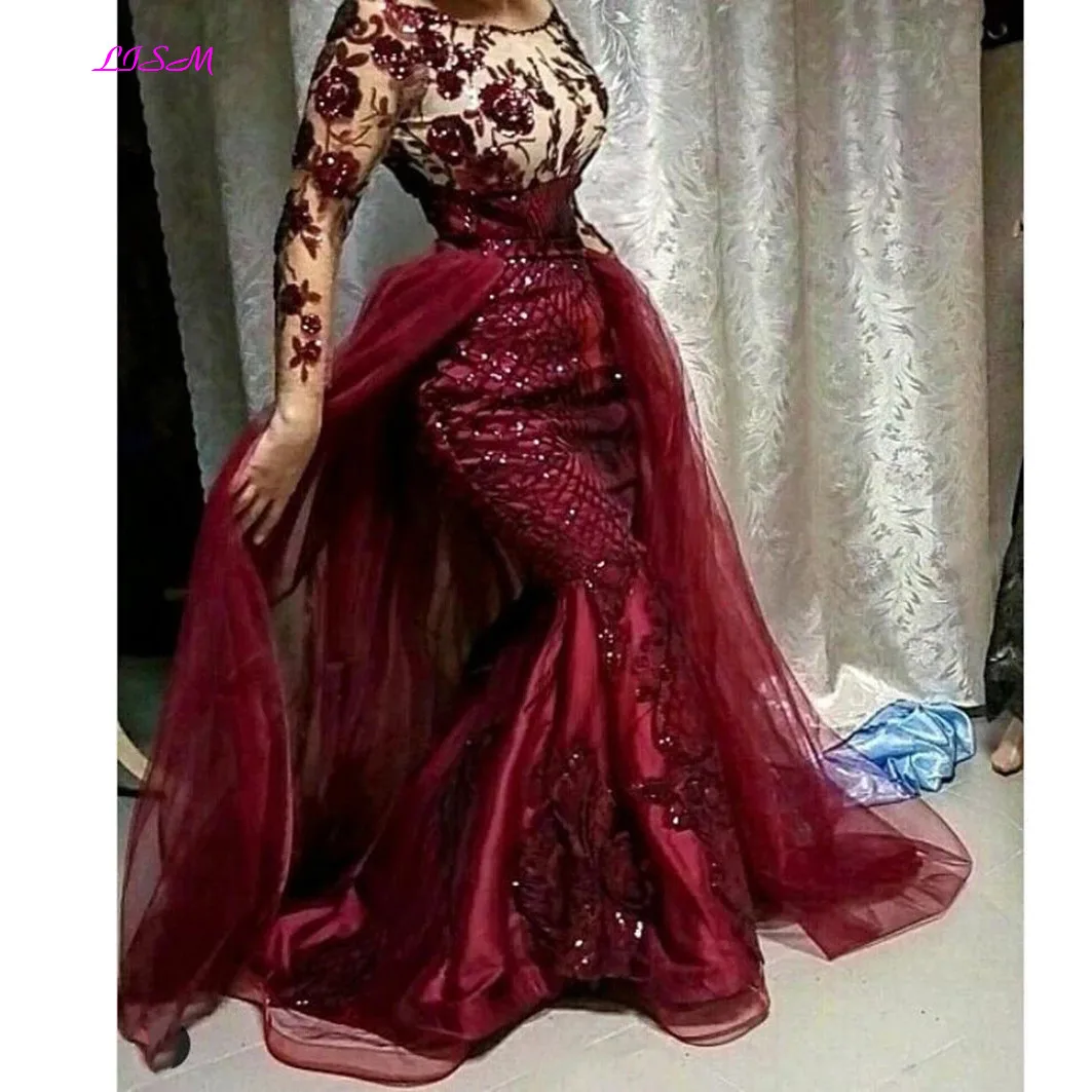 Top Trends: Burgundy Sequined Floral Lace Mermaid Evening Dress With Detachable Train Modest Full Sleeves Prom Gowns Muslim Formal Dresses Shoppable Styles