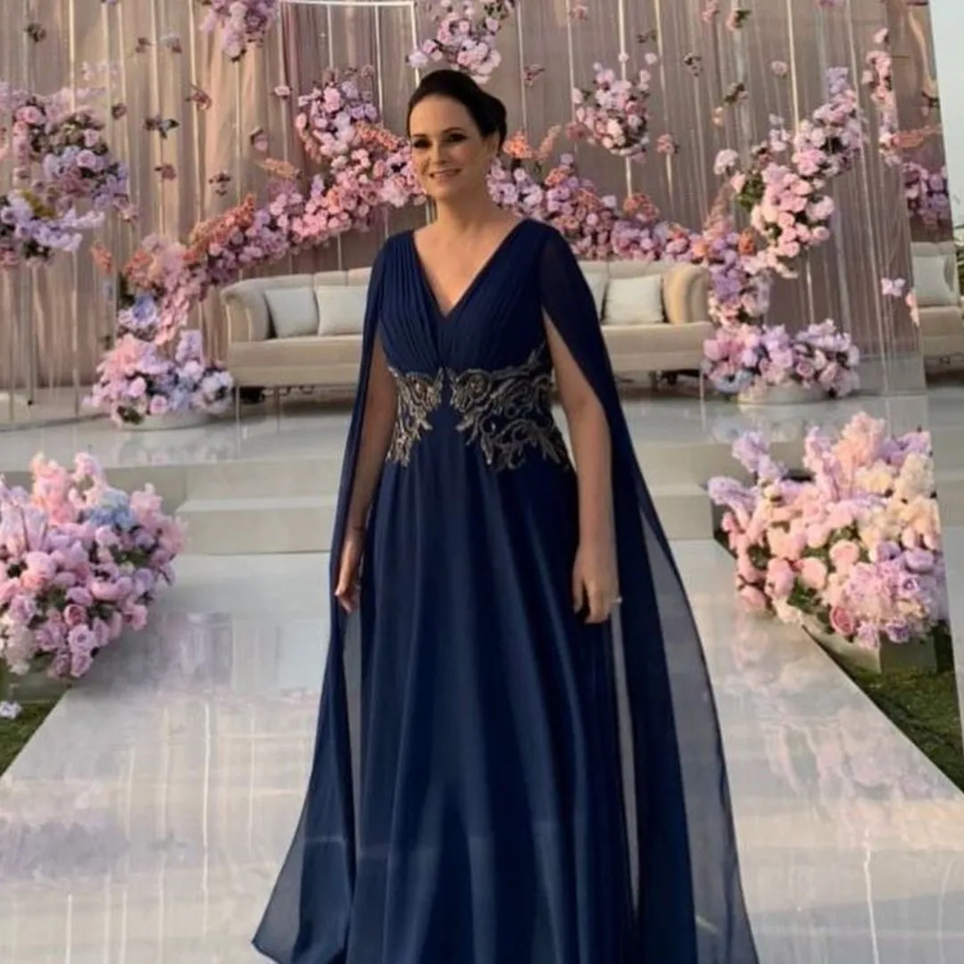 Top Trends: Navy Blue Chiffon Mother Of The Bride Dresses V Neck Sash Women Wear Long Sleeves Evening Party Gowns A Line Wedding Guest Dress Shoppable Styles