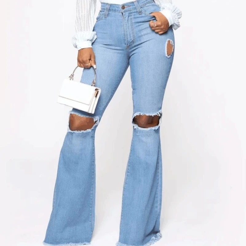 Top Trends: Women Fashion Street Casual Denim Pants 2021 Autumn Summer Ripped Jeans Lady Sexy Flare Jean Female Spring High Waist Trousers Shoppable Styles