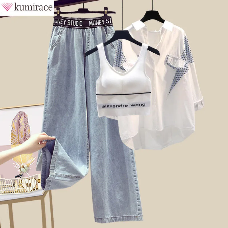 Top Trends: 2023 Summer New Elegant Women&#039;s Pants Set Casual Shirt Jeans Trousers Vest Three Piece Set Female Tracksuit Blouse Blazer Suits Shoppable Styles